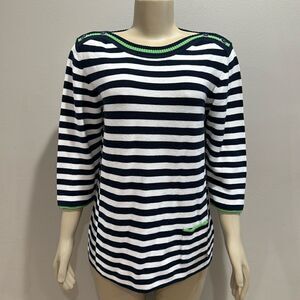 RABE NAVY & WHITE STRIPE SWEATER WITH GREEN TRIM.